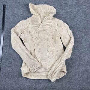 Unbranded Sweater Mens Size L Cream Wool Cable Knit Shawl Collar Chunky Pullover